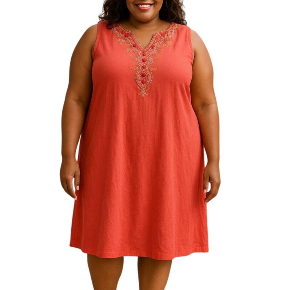 Charter Club Size 1X Tunic Dress Coral Sleeveless Embroidered Cotton Casual Boho